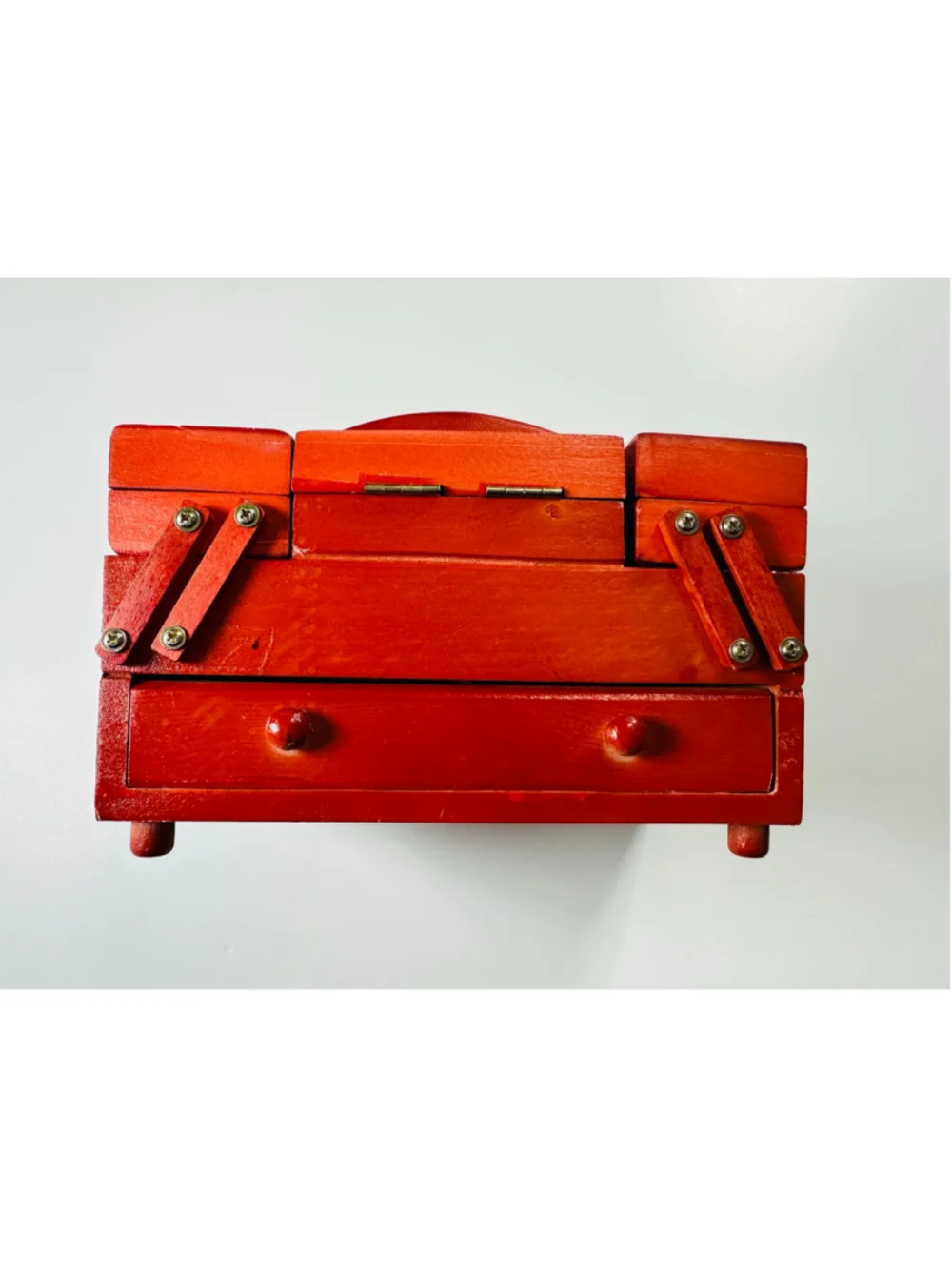Mini Red Wooden Accordion Sewing Box Craft Organizer